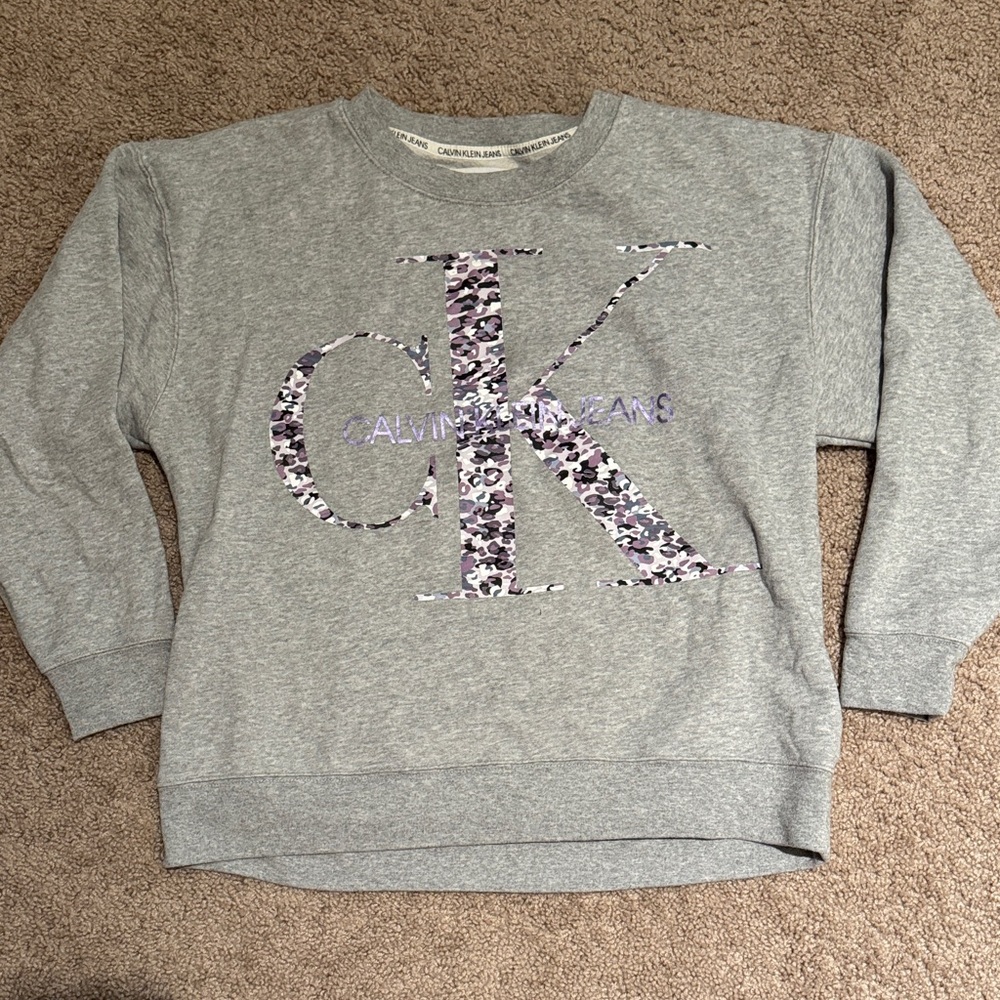 Calvin Klein Heather Gray Sweatshirt with Purple Logo